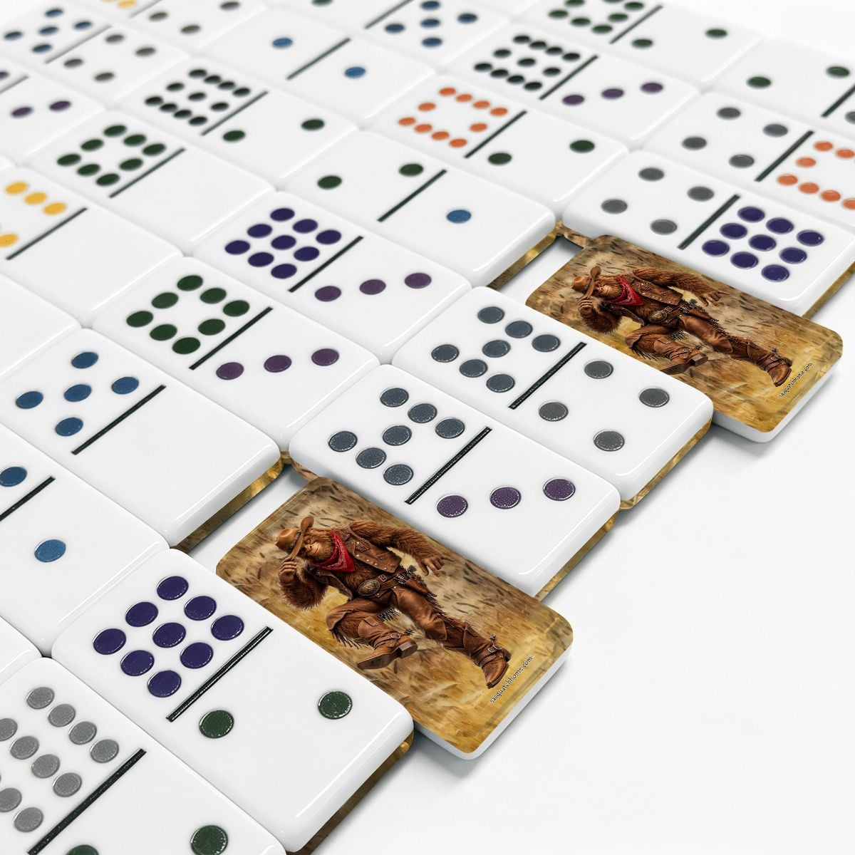 Cowboy Sasquatch Double 12 Mexican Train Dominoes Set