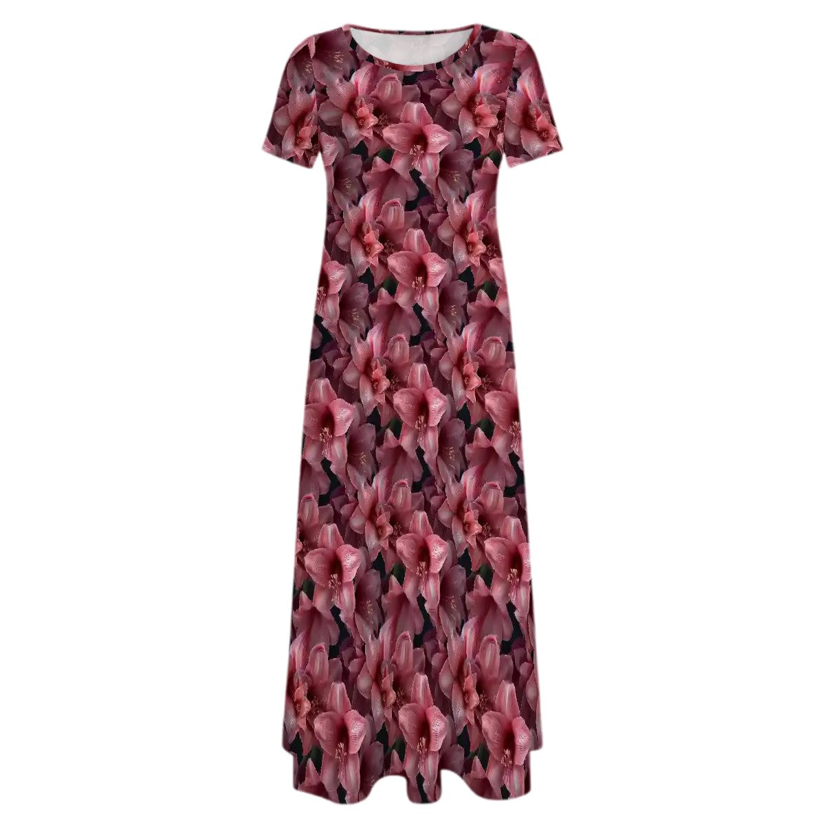 10 Flower Designs, Crew Neck Short Sleeve Maxi Dress