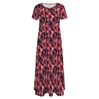 10 Flower Designs, Crew Neck Short Sleeve Maxi Dress