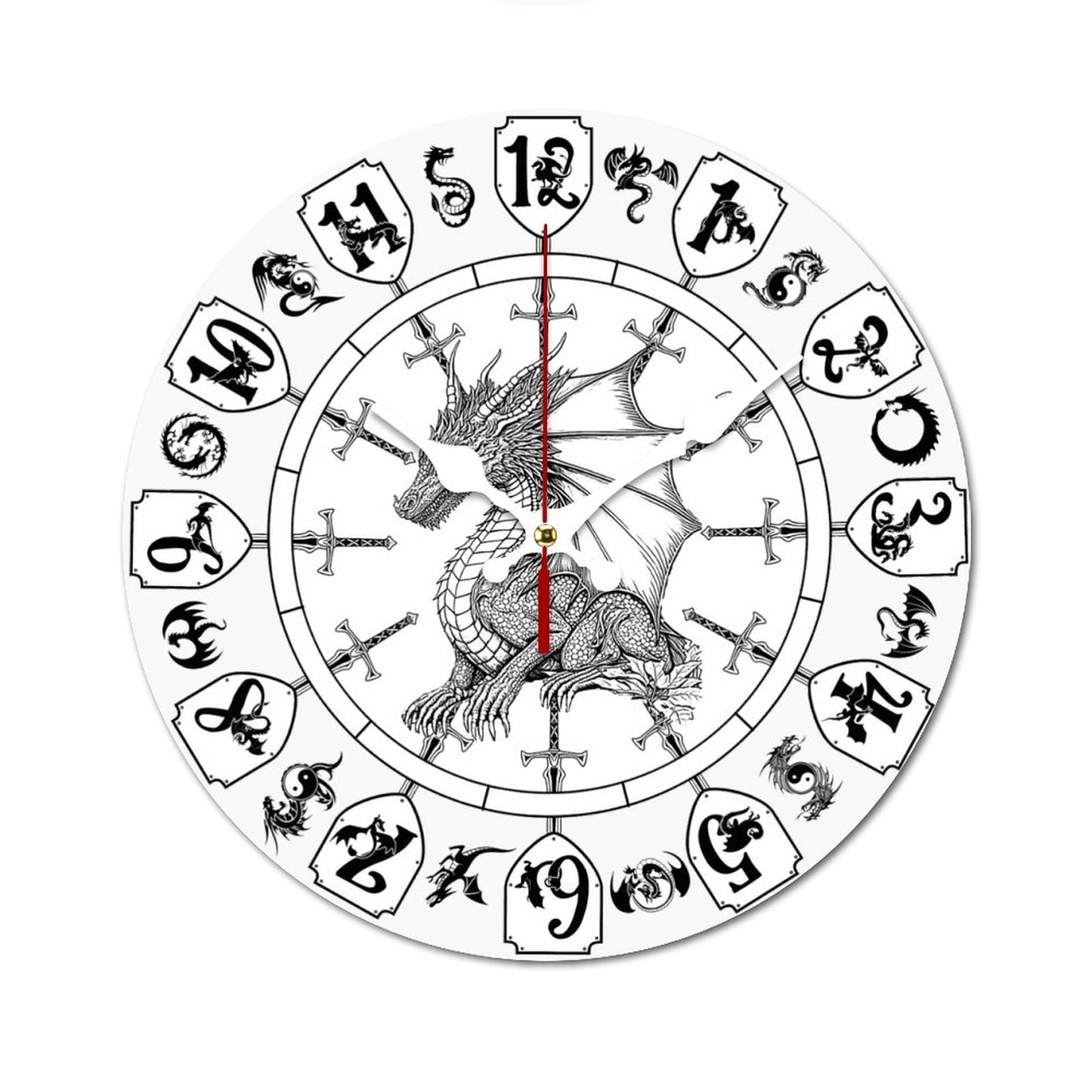 Dragon Themed, B & W Wooden Wall Clock- Made in USA