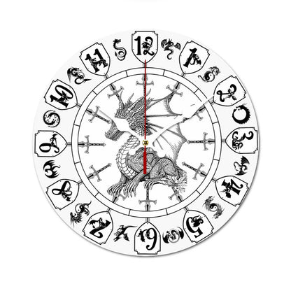 Dragon Themed, B & W Wooden Wall Clock- Made in USA