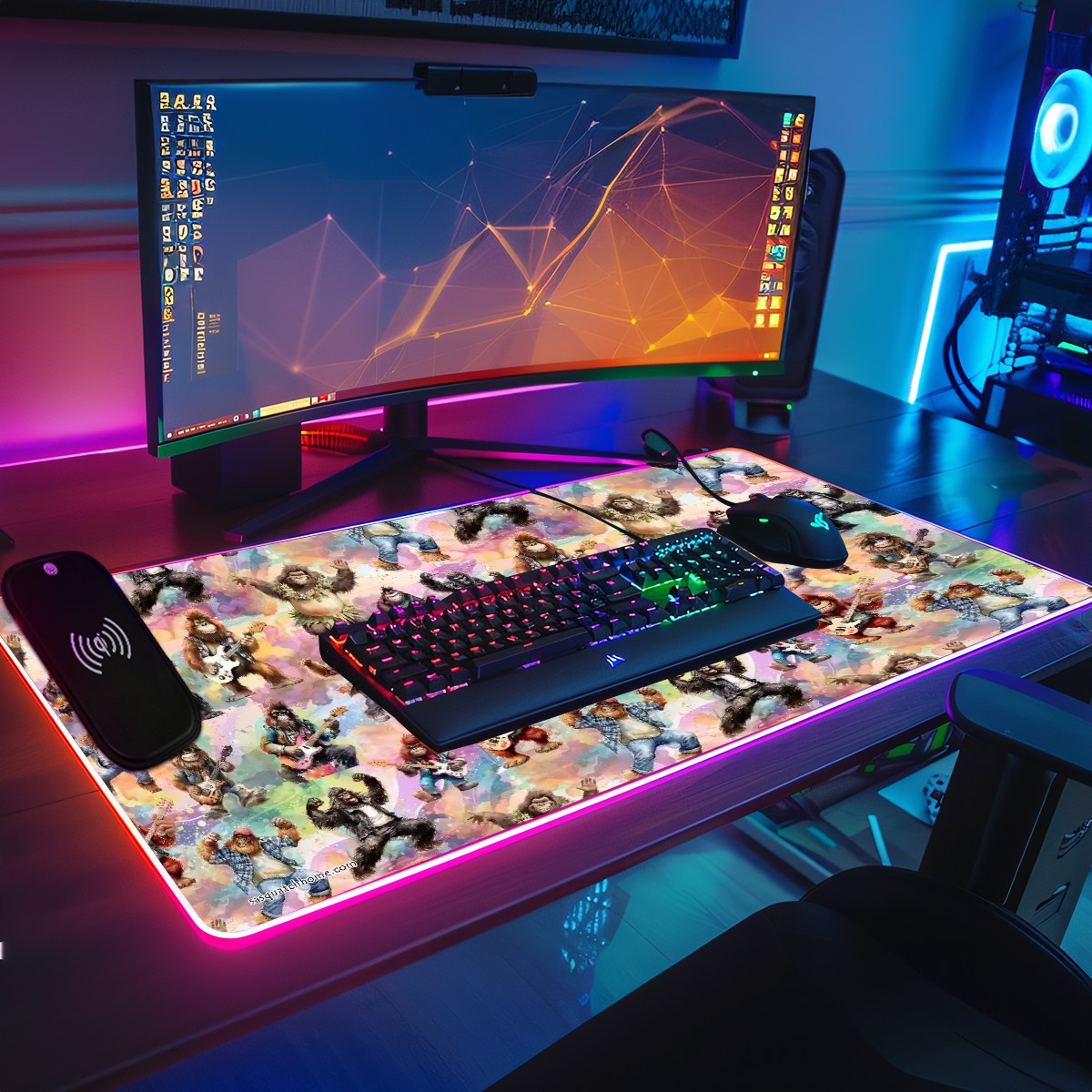 20 Bigfoot / Sasquatch Designs, Wireless Charging Gaming Mouse Pads / Mat With Lights - 2 Sizes