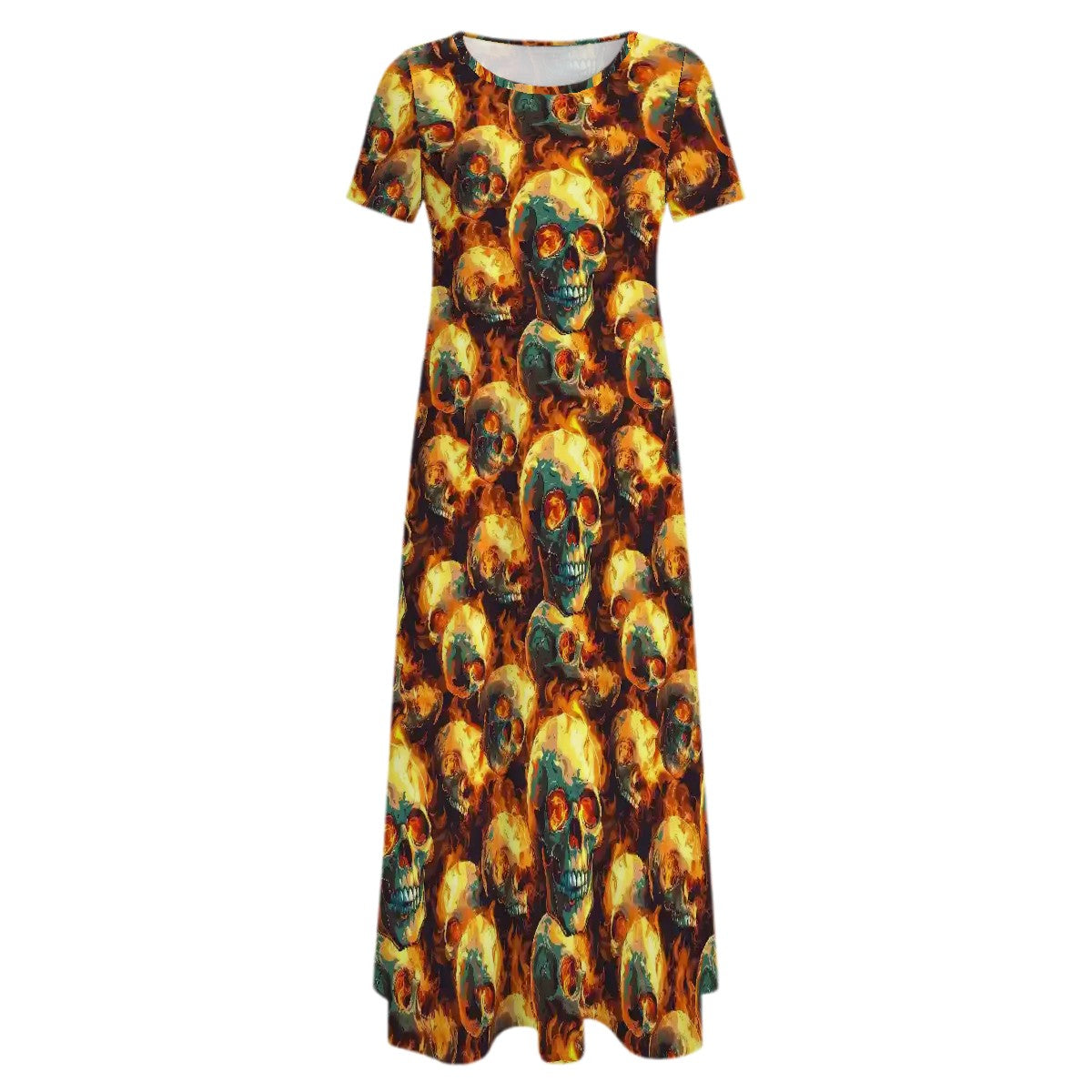 Fire & Skulls Crew Neck Short Sleeve Maxi Dress