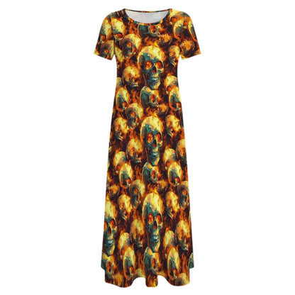 Fire & Skulls Crew Neck Short Sleeve Maxi Dress