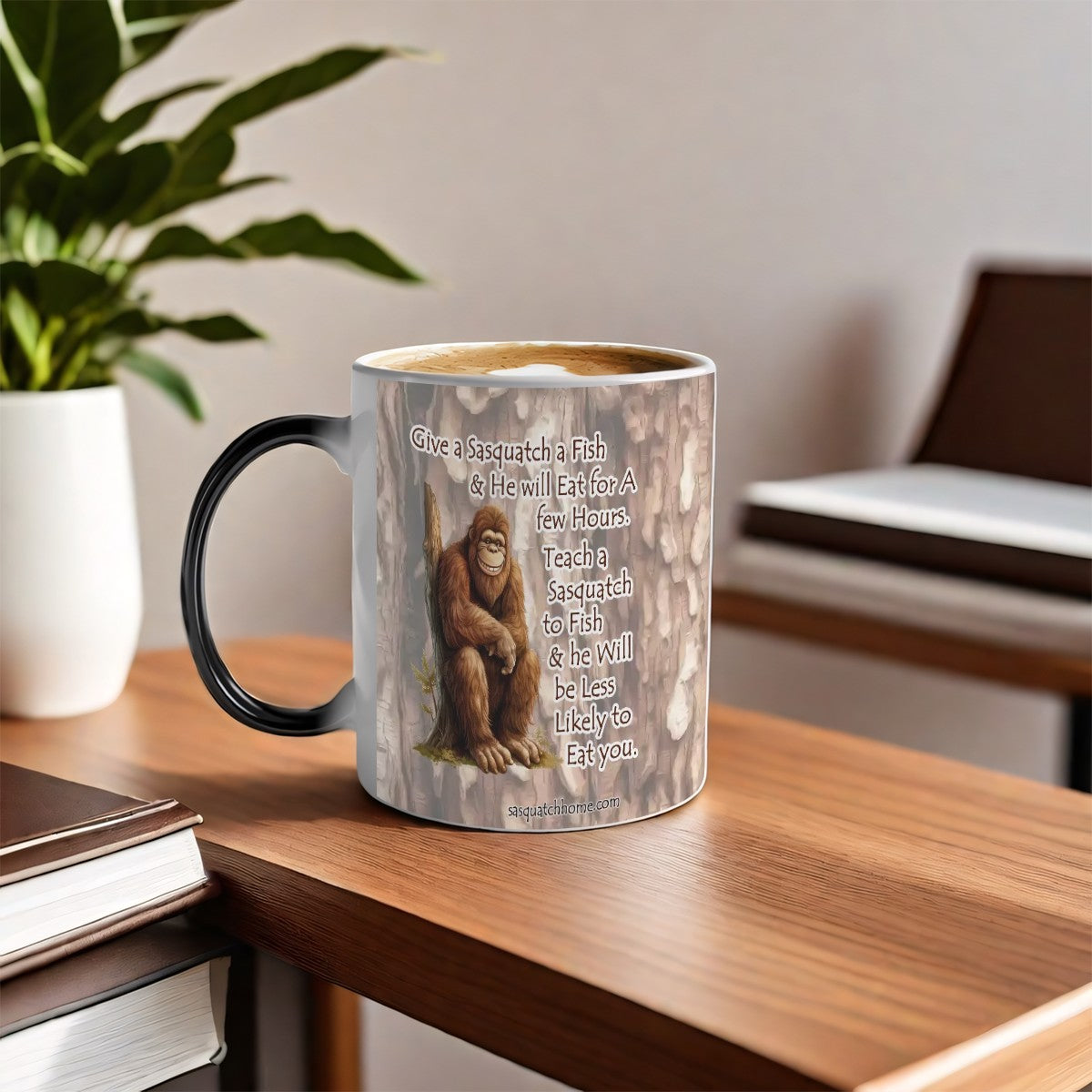Sarcastic Sasquatch, "Give Squatch a Fish" Color Changing 11oz Mug, Color Changing 11oz Mug, Coffee Cup