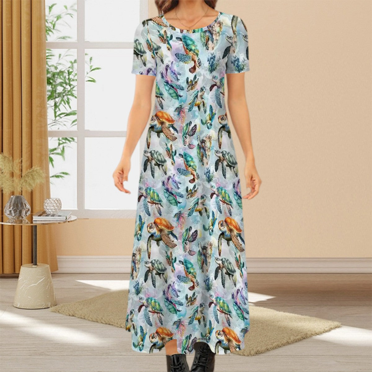 10 Animal Designs Crew Neck Short Sleeve Maxi Dress