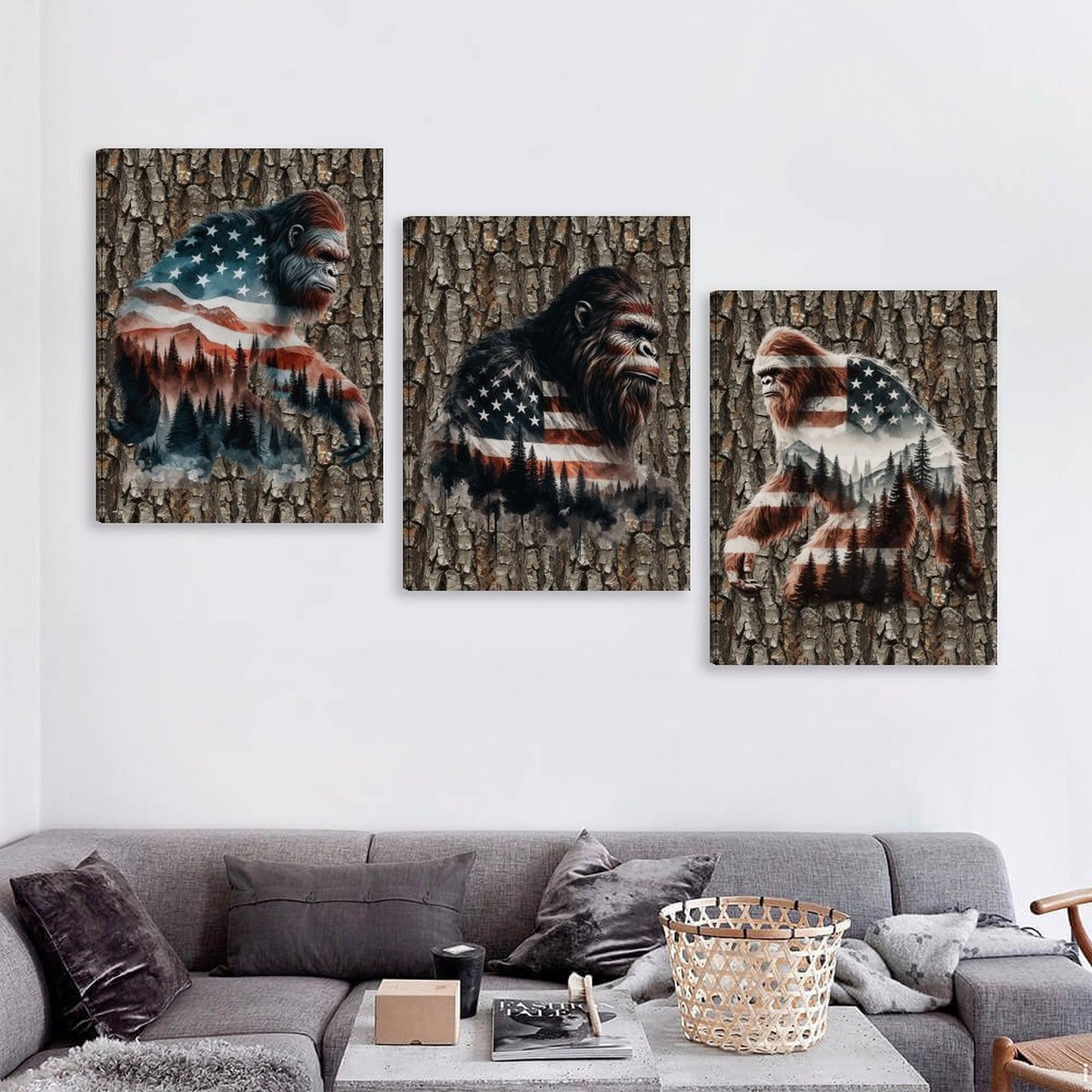 Patriot Bigfoot Sasquatch, Canvas Wall Art - 12”x 16” or 18”x24” (x 3) - Made In USA