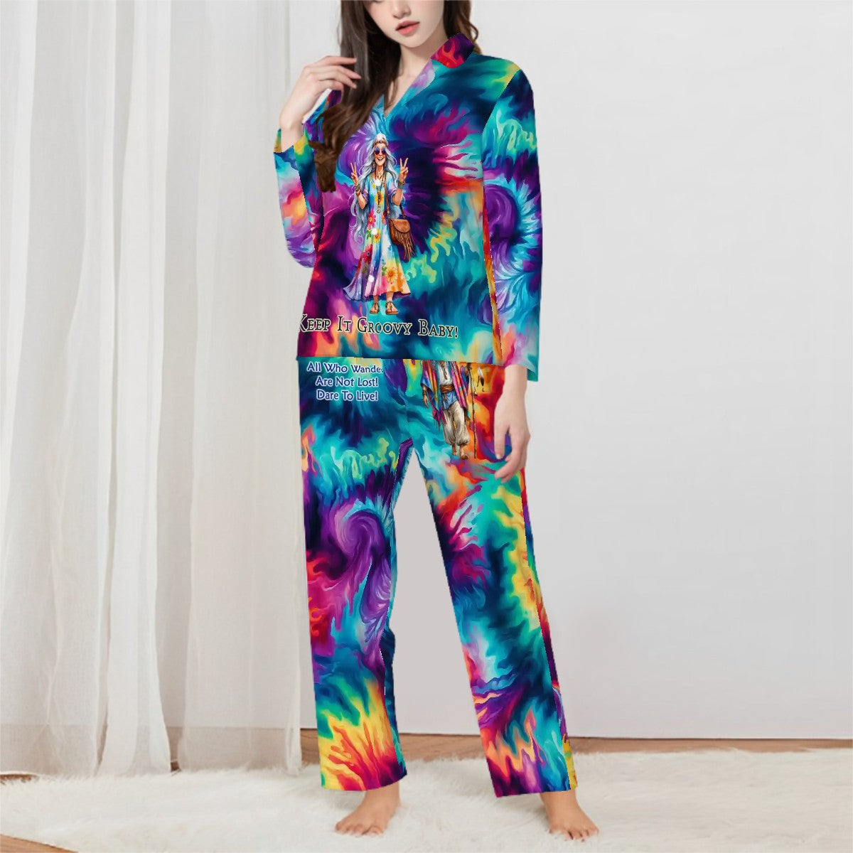 Hippie Couple on Tie Dye, Women’s Long Sleeved Pajama Set