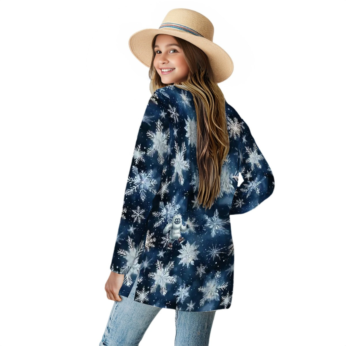 Blue back Snowflakes, Women's Long-Sleeved Cardigan