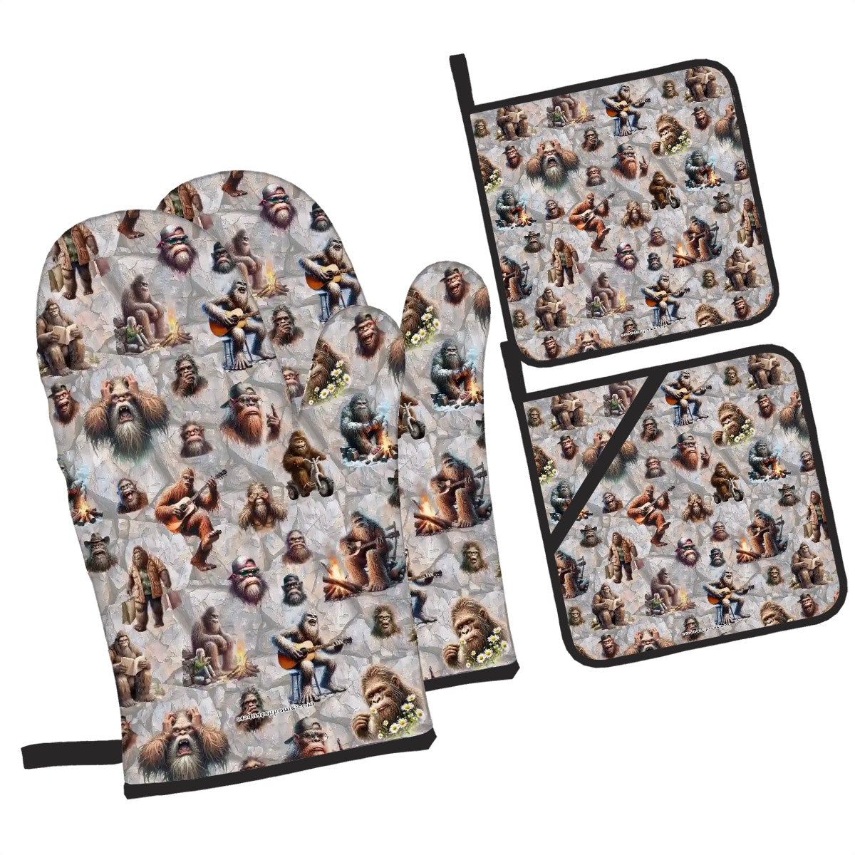 19 Bigfoot Sasquatch Designs- 4 Piece Oven Mitts /Designs Pot Holder Set