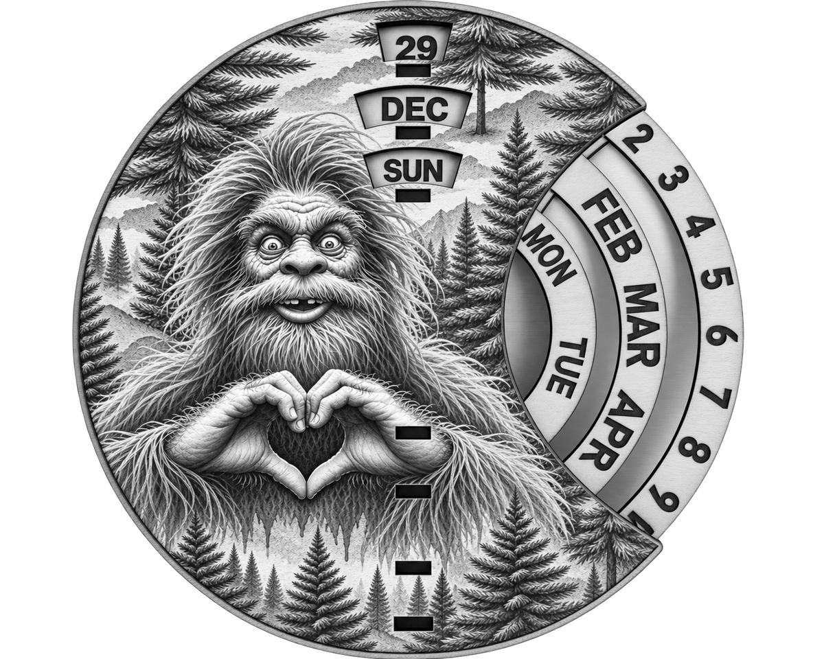 Haalf , Bigfoot, Sasquatch, Heart Hands Wall Calendar + Lifetime Gift!