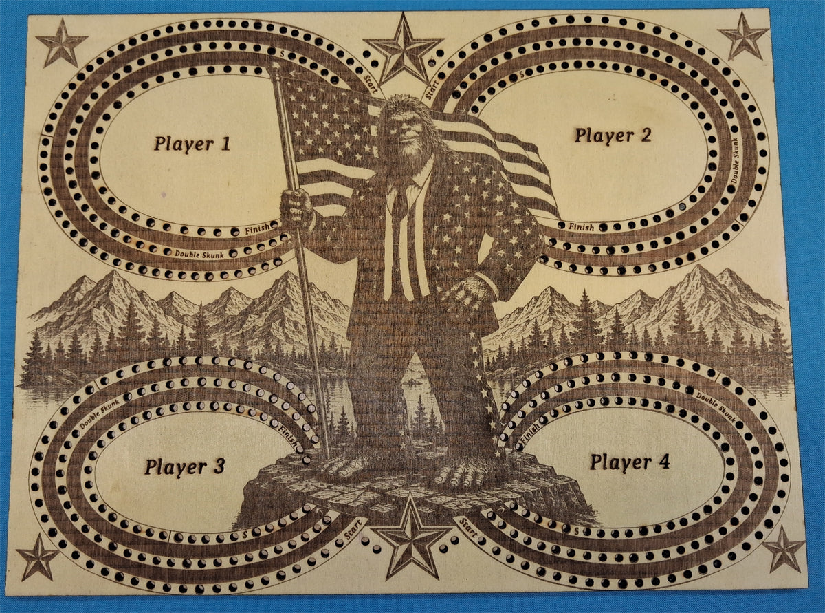 Patriot Bigfoot / Sasquatch 4 Player Cribbage Score Board 9” x 11.75”