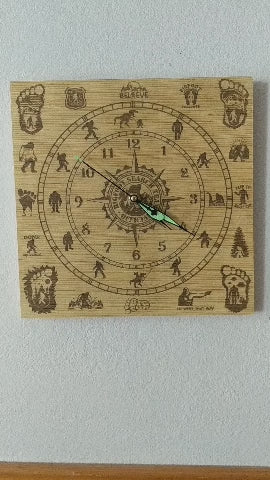 Hand Made Wood "Sasquatch 1" , Laser Etched Mechanic Clocks 2 Sizes