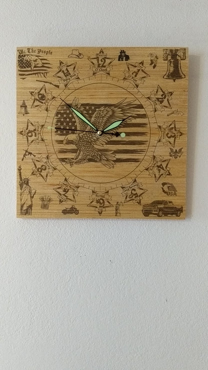 Hand Made Wood "Patriot Eagle" , Laser Etched Mechanic Clocks 2 Sizes