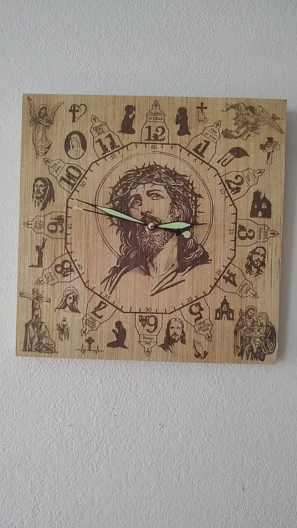 Hand Made Wood "Jesus" , Laser Etched Mechanic Clocks 2 Sizes