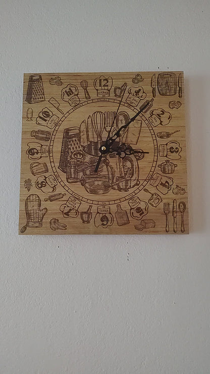 Hand Made Wood "Cooking" , Laser Etched Mechanic Clocks 2 Sizes
