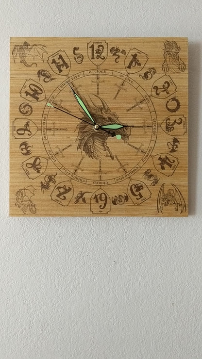 Hand Made Wood Dragon, Laser Etched Dragon Clock, 2 Sizes