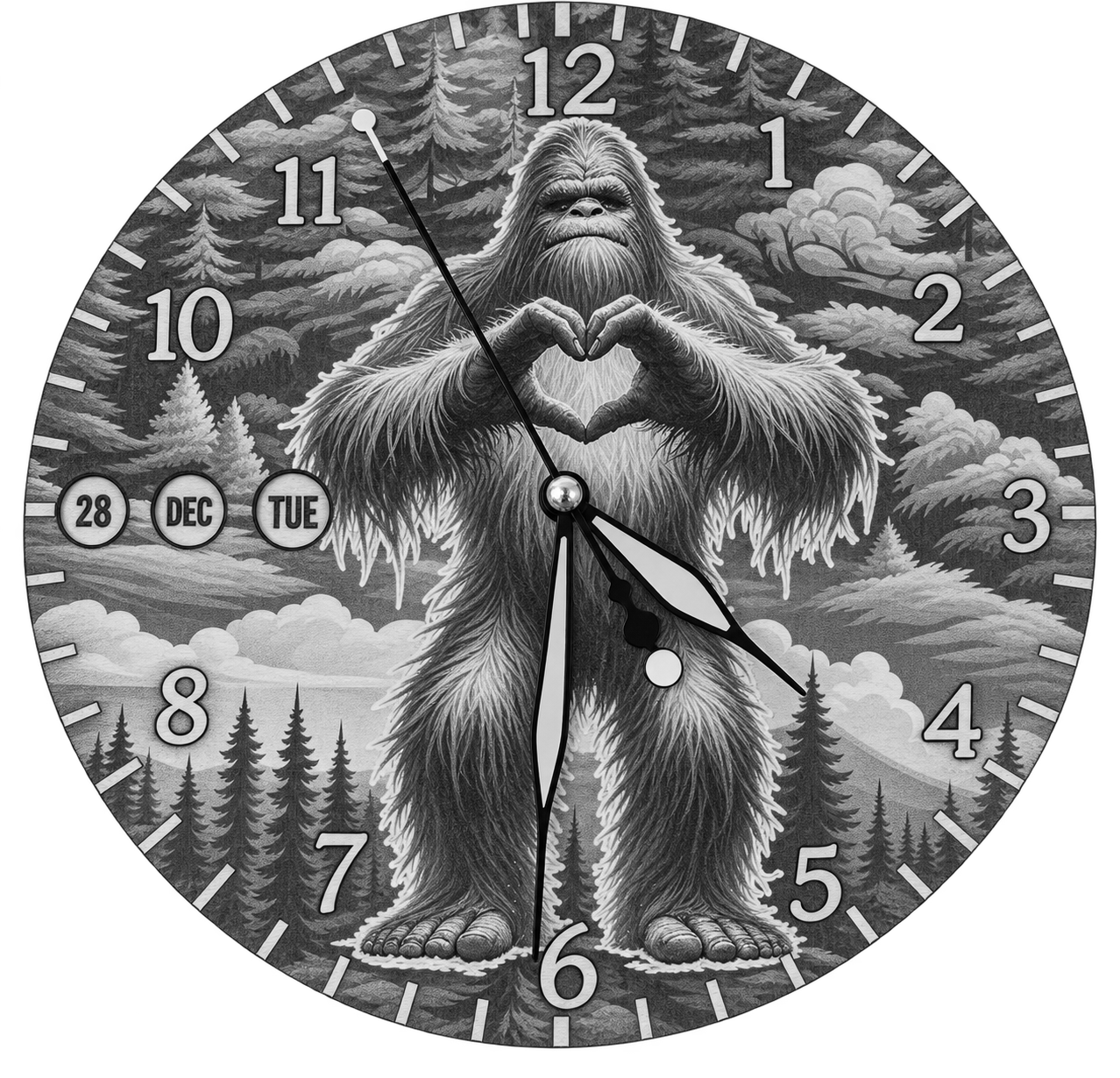 Laser Etched Calendar Clocks - Heart Hands Sasquatch Bigfoot